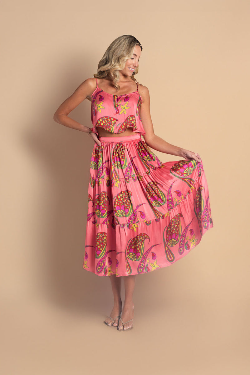 Paisley Bloom Tiered Skirt: Coralline Pink – Kusuma