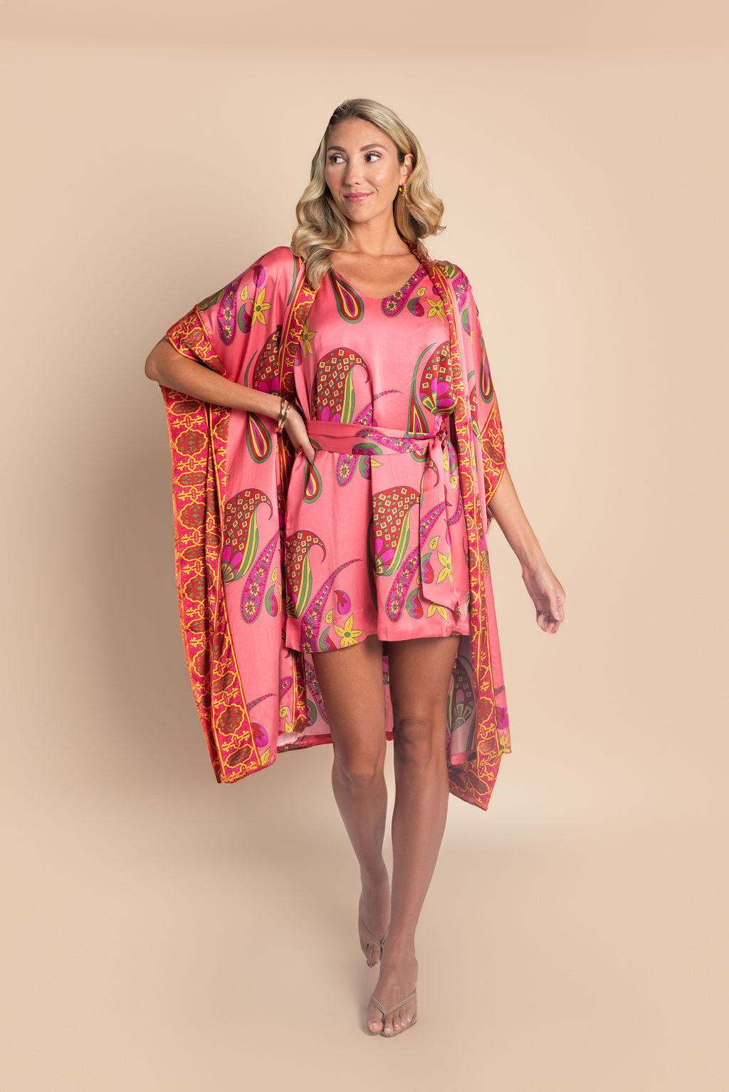 Paisley Bloom Silk Duster Robe Cover-Up: Coralline Pink – Kusuma