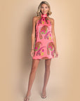 Paisley Bloom Silk Halter Mini Dress: Coralline Pink