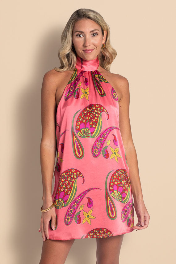 Paisley Bloom Silk Halter Mini Dress: Coralline Pink Kusuma Paisley Bloom Silk Halter Mini Dress: Coralline Pink Kusuma