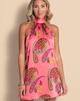 Paisley Bloom Silk Halter Mini Dress: Coralline Pink