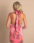 Paisley Bloom Silk Halter Mini Dress: Coralline Pink