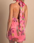 Paisley Bloom Silk Halter Mini Dress: Coralline Pink