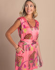Paisley Bloom Silk Mini Dress with Sash: Coralline Pink