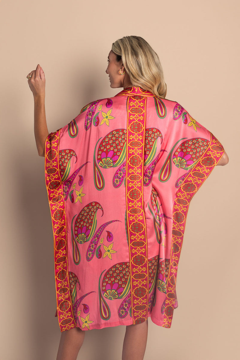 Paisley Bloom Silk Duster Robe Cover-Up: Coralline Pink – Kusuma