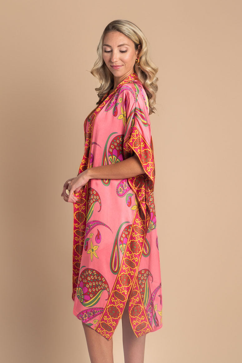 Paisley Bloom Silk Duster Robe Cover-Up: Coralline Pink – Kusuma