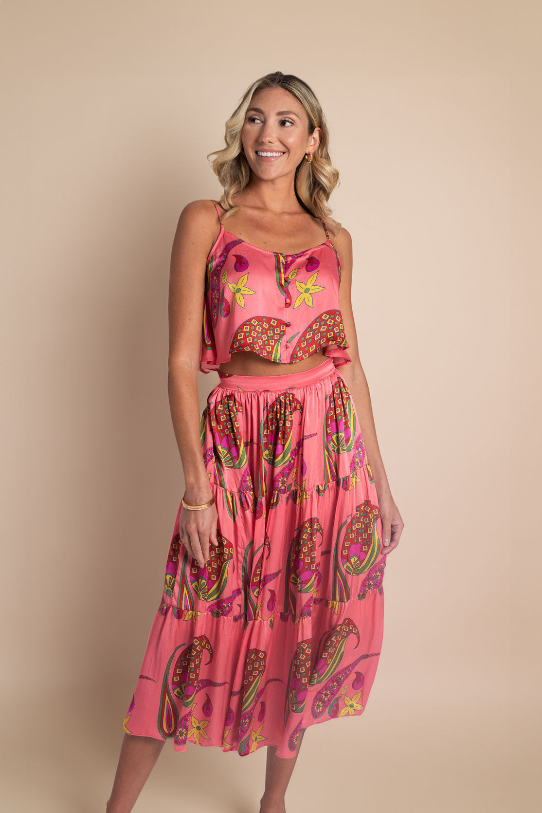 Paisley Bloom Tiered Skirt: Coralline Pink – Kusuma