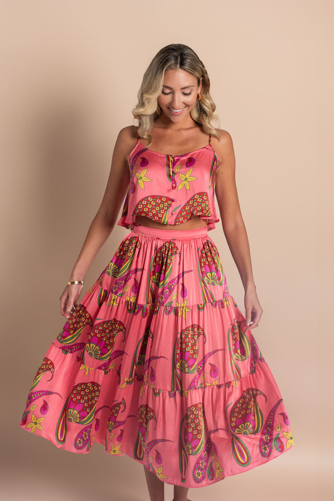 Paisley Bloom Tiered Skirt: Coralline Pink – Kusuma